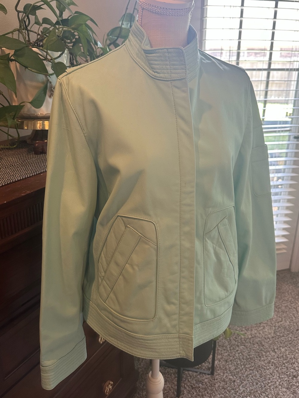 Preston & York Light Mint Green Women's Leather Zip Jacket